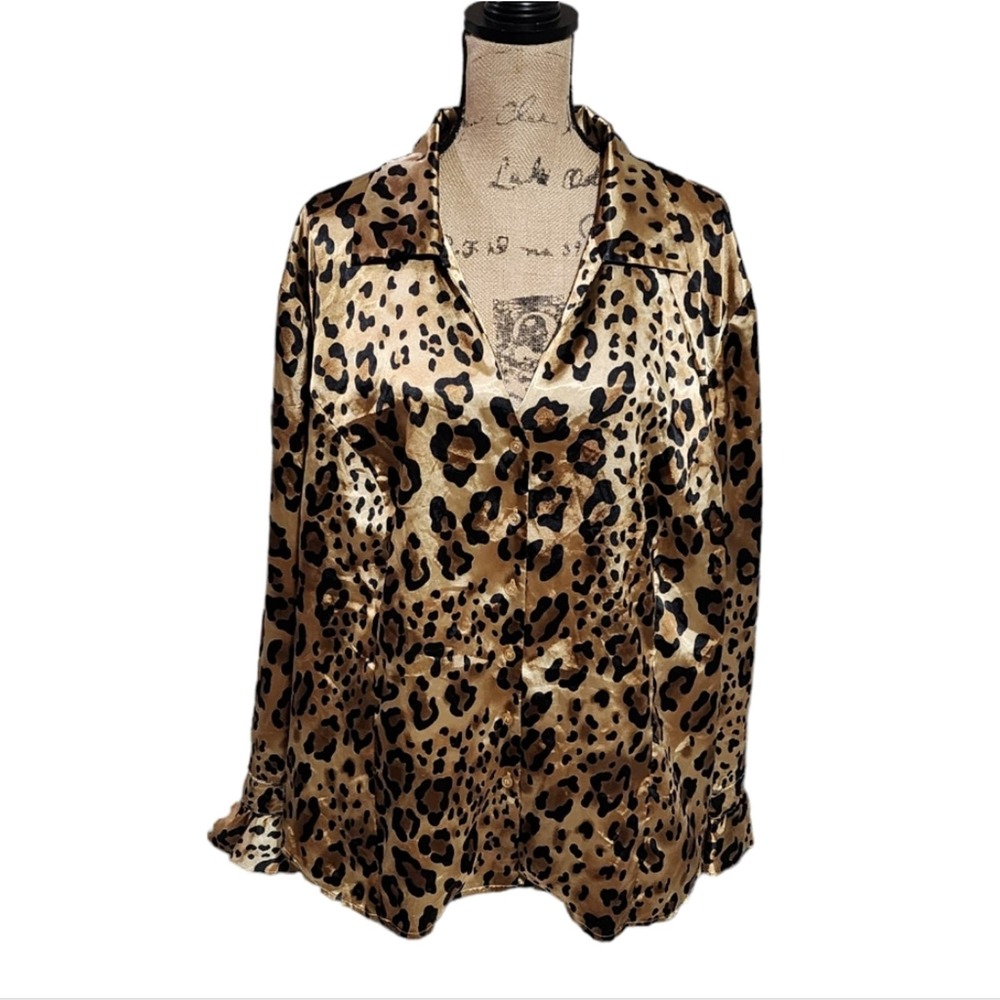 Spenser Jeremy Woman Leopard Print Satin Button Down Blouse Shirt Top 3X